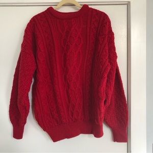 Bright red wool knit sweater handmade Country Collection Ireland fisherman style